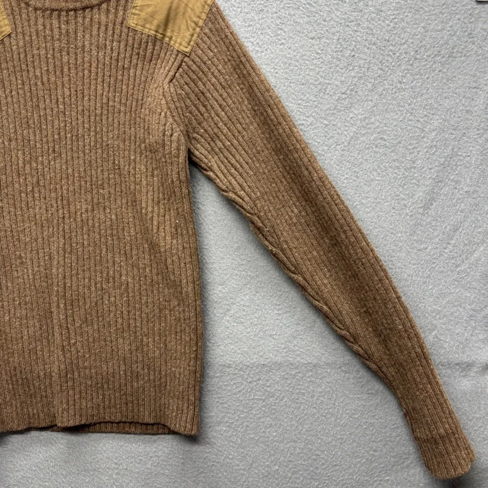 LL Bean Mens Merino Lambswool Commando Sweater Brown Shoulder Elbow Patch Size M
